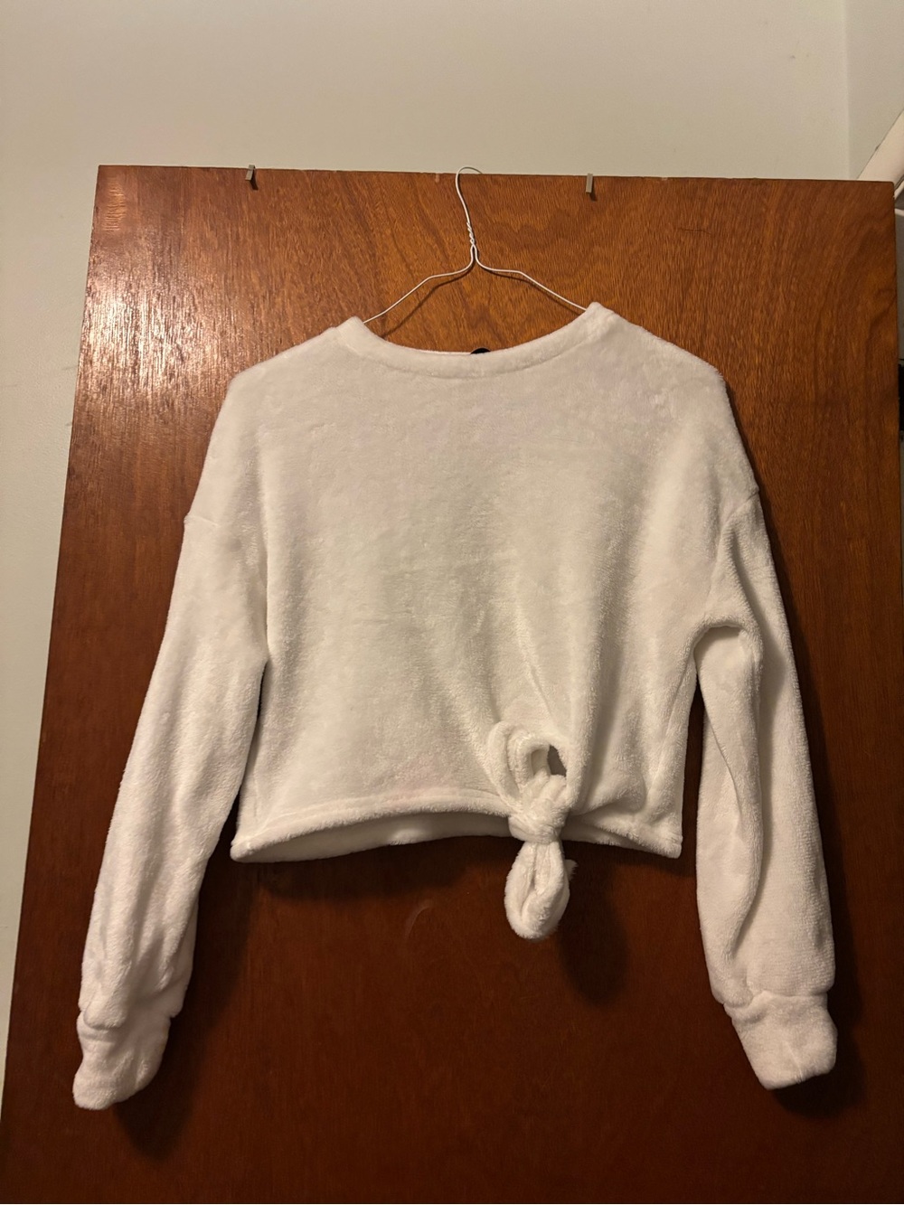 SHEIN White Tie-Front Fleece Pullover Sweatshirt